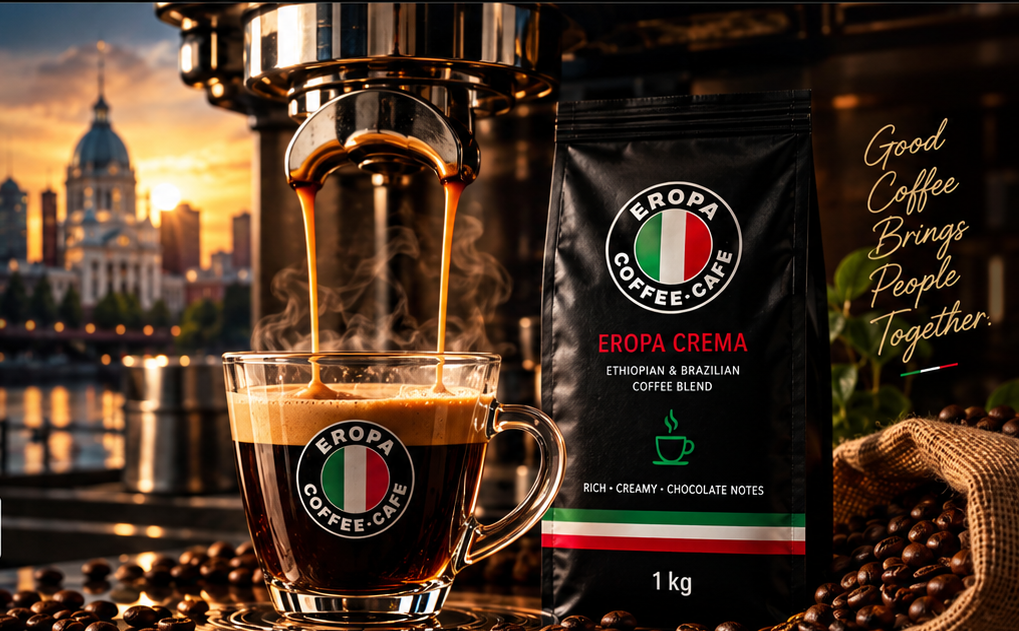 Eropa Crema espresso brewing with Montréal skyline